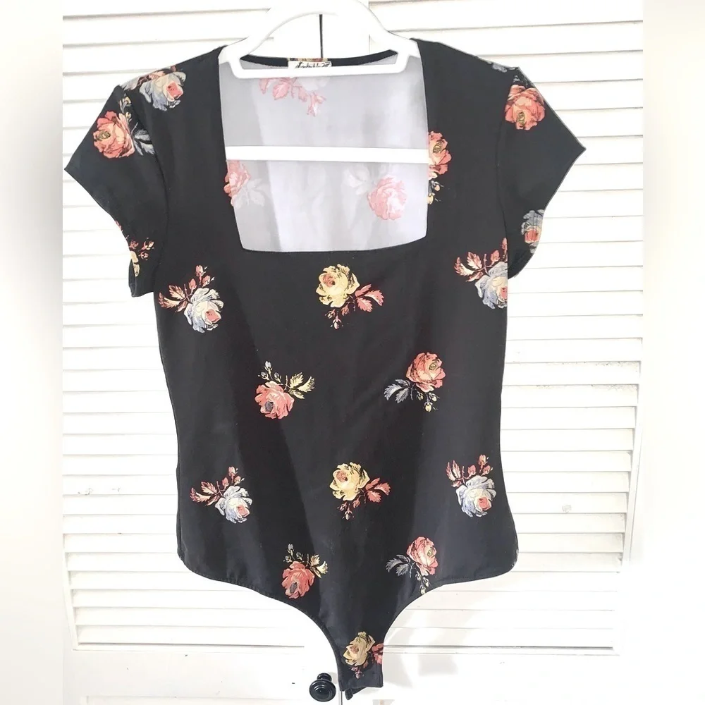 Infinitely Free People Womens Bodysuit Black Floral One Piece Square Neck Large